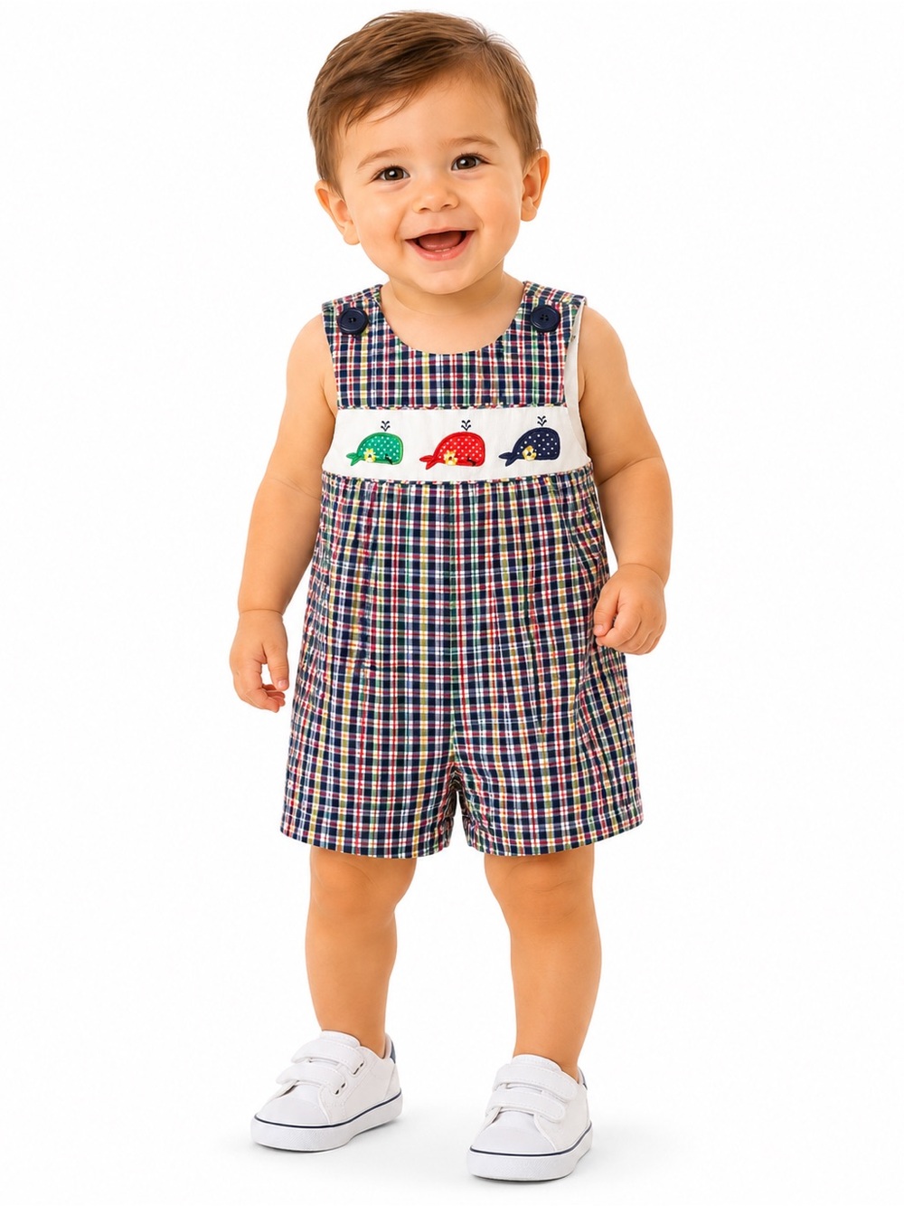 Samara baby boy plaid whale embroidered romper - 0618